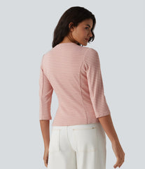 Ribbed Knit V Neck Open Front 3/4 Sleeve Stripe Casual Blazer