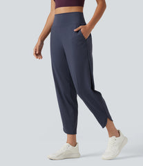 High Waisted Inner Drawstring Cropped Curved Hem InstantCool Quick Dry Running Pants with Pockets-UPF50+