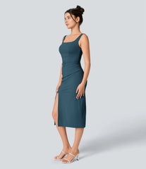 SoftlyZero™ Airy Square Neck Backless Corset Ruched Split Bodycon Midi InstantCool Bridesmaid and Wedding Guest Dress