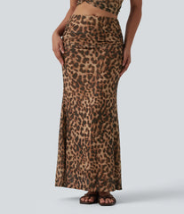Mid Rise Ruched Mesh Leopard Print Maxi Party Mermaid Skirt