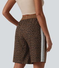 Mid Rise Drawstring Color Block Stripes Contrast Leopard Casual Baggy Bermuda Shorts 10'' with Pockets