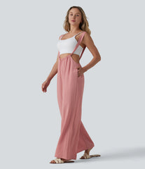 Tie Back Linen-Feel Overalls with Pockets