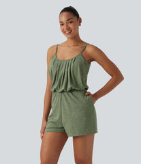 U-Neck Adjustable Straps Pleated Built-in Bra Casual Romper with Pockets-Easy Peezy
