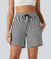 High Waisted Drawstring 2-in-1 Stripe Yoga Shorts 7'' with Pockets