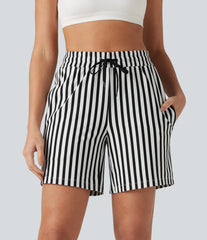 High Waisted Drawstring 2-in-1 Stripe Yoga Shorts 7'' with Pockets