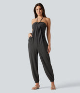 Halter Tie-back Built-in Bra Resort Tapered Jumpsuit with Pockets