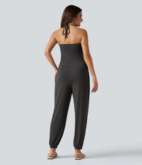 Halter Tie-back Built-in Bra Resort Tapered Jumpsuit with Pockets