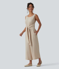 Scoop Neck Sleeveless Tie-front Casual Linen-Feel Jumpsuit with Pockets-Easy Peezy