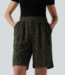 High Waisted Leopard Print Casual Bermuda Shorts with Pockets