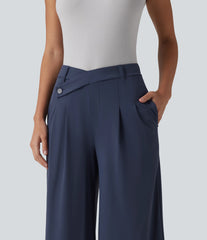 Asymmetric Mid Rise Flare Work Pants with Pockets