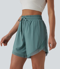 Mid Rise Drawstring Contrast Mesh 2-in-1 Flowy Yoga Shorts 7''
