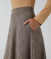 High Waisted Pocket Houndstooth Plaid Flare Midi Casual Skirt