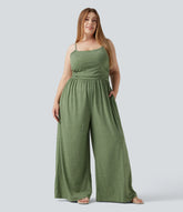 Plus Size Built-in Bra Ruched Wide Leg Heathered Casual Jumpsuit with Pockets-Easy Peezy Edition