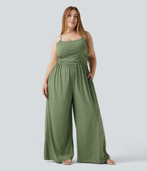 Plus Size Built-in Bra Ruched Wide Leg Heathered Casual Jumpsuit with Pockets-Easy Peezy Edition