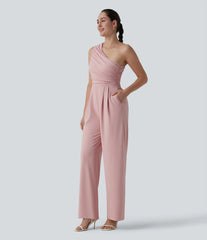 One-shoulder Sleeveless Ruched Built-in Bra Casual Jumpsuit with Pockets-Easy Peezy
