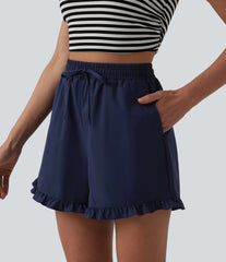 High Waisted Drawstring Ruffle Hem Stretchy Poplin Casual Baggy Shorts with Pockets
