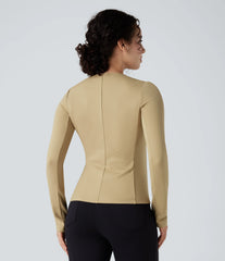 Round Neck Long Sleeve Ruched Zip Fly Work Blazer