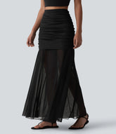 High Waisted Ruched Maxi 2-in-1 Casual Flowy Mesh Skirt