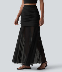 High Waisted Ruched Maxi 2-in-1 Casual Flowy Mesh Skirt