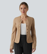 Round Neck Decorative Button Pleated Hem Work Blazer