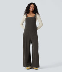 Square Neck Corduroy Casual Overalls with Pockets