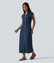Halara Flex™ V-neck Sleeveless Ruched Button Fly Midi Denim Casual Dress