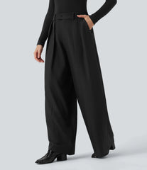 High Waisted Wide Leg Work Linen-Feel Pants with Pockets