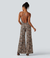 Crisscross Backless Leopard Print Party Slip Jumpsuit