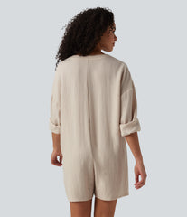V-neck Long Sleeve Button Linen-Feel Casual Romper