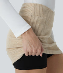Ribbed Knit Crossover High Waisted 2-in-1 Slim Mini Casual Skirt