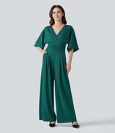 V-neck Half Sleeve Tie-back Work Baggy Jumpsuit with Pockets-Easy Peezy