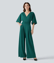 V-neck Half Sleeve Tie-back Work Baggy Jumpsuit with Pockets-Easy Peezy