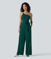 One Shoulder Sleeveless Belted Built-in Bra Party Jumpsuit with Pockets- Easy Peezy
