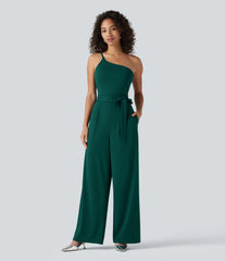 One Shoulder Sleeveless Belted Built-in Bra Party Jumpsuit with Pockets- Easy Peezy
