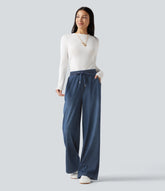 Halara Flex™ High Waisted Drawstring Wide Leg Silver Shine Casual Sweatpants Jeans with Pockets