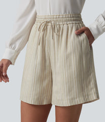 High Waisted Drawstring Stripes Linen Work Baggy Shorts with Pockets