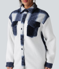 Long Sleeve Plaid Color Block Casual Sherpa Jacket with Pockets
