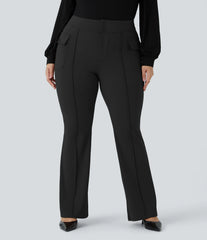 High Waisted Side Flap Pocket Flare Plus Size Casual Cargo Pants
