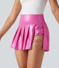 SoftlyZero™ Faux Leather High Waisted 2-in-1 Pleated Sparkle Foil Print Stretchy Mini Skirt with Pockets