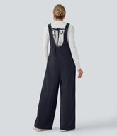 Tie Back Chenille Waffle Casual Overalls with Pockets