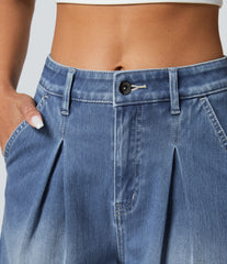 Halara Flex™ High Waisted Zipper Pockets Washed Denim Casual Bermuda Shorts