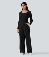 Ribbed Henley Long Sleeve Casual Jumpsuit with Pockets-Easy Peezy