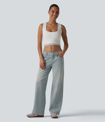 Halara Flex™ Low Rise Straight Leg Washed Casual Jeans with Pockets