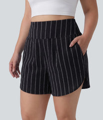 Plus Size High Waisted Curved Hem Stripe Casual Shorts with Pockets