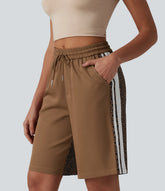 Mid Rise Drawstring Color Block Stripes Contrast Leopard Casual Baggy Bermuda Shorts 10'' with Pockets