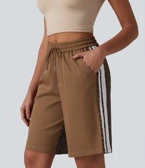Mid Rise Drawstring Color Block Stripes Contrast Leopard Casual Baggy Bermuda Shorts 10'' with Pockets