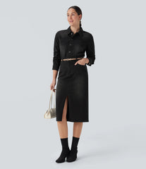 Halara Flex™ Denim Long Sleeve Midi Casual Shirt Dress with Pockets