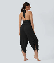 Ribbed Halter Tie Back Drawstring Resort Jumpsuit with Pockets