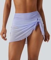 High Waisted Tummy Control Mesh Ruched Tie Asymmetric Hem 2-in-1 Bikini Bottom Swimsuit 3"