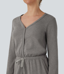 V Neck Long Sleeve Thumb Hole Drawstring Workout Jumpsuit with Pockets-Easy Peezy Edition